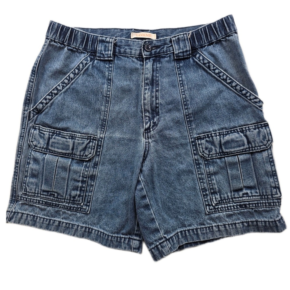 Savane Denim Cargo Shorts Mens 30 Blue Jean Elastic Waist Utility Medium Wash